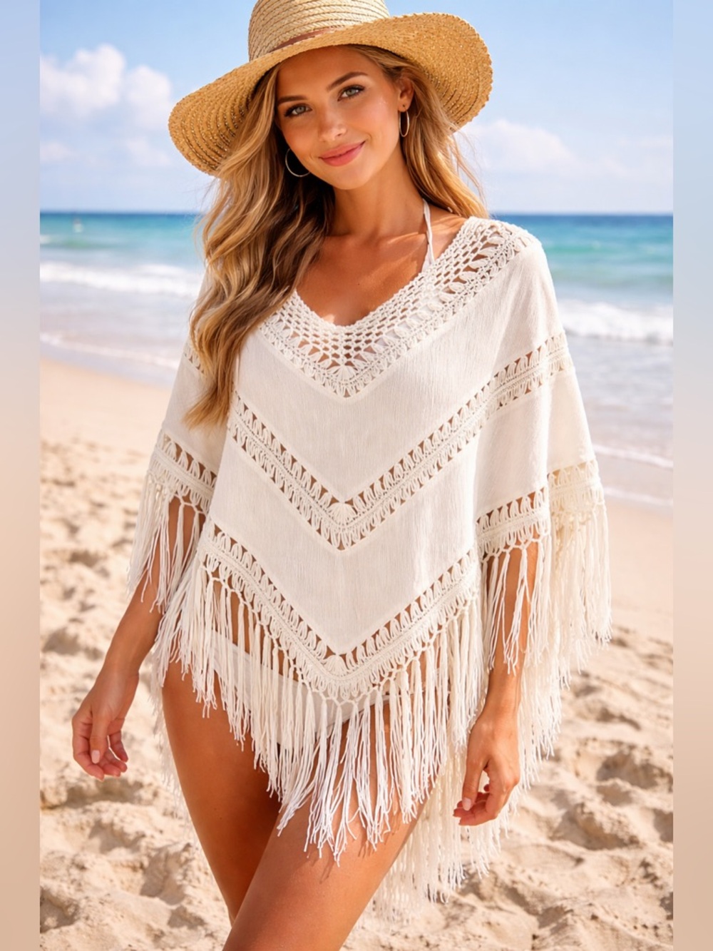 F21 Crochet Fringe Beach Poncho - Cream